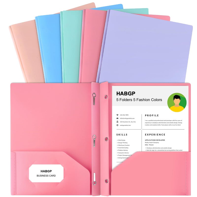 HABGP Two Pocket Folder With Prongs (5 Pack, Pastel Colors), Plastic Folders With Pockets and Business Card Holder, Fit Letter Size, for Organizing Papers in School, Office & Business - Image 1